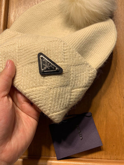 BEANIE HAT IN BISQUE BEIGE WOOL AND RABBIT FUR 361433