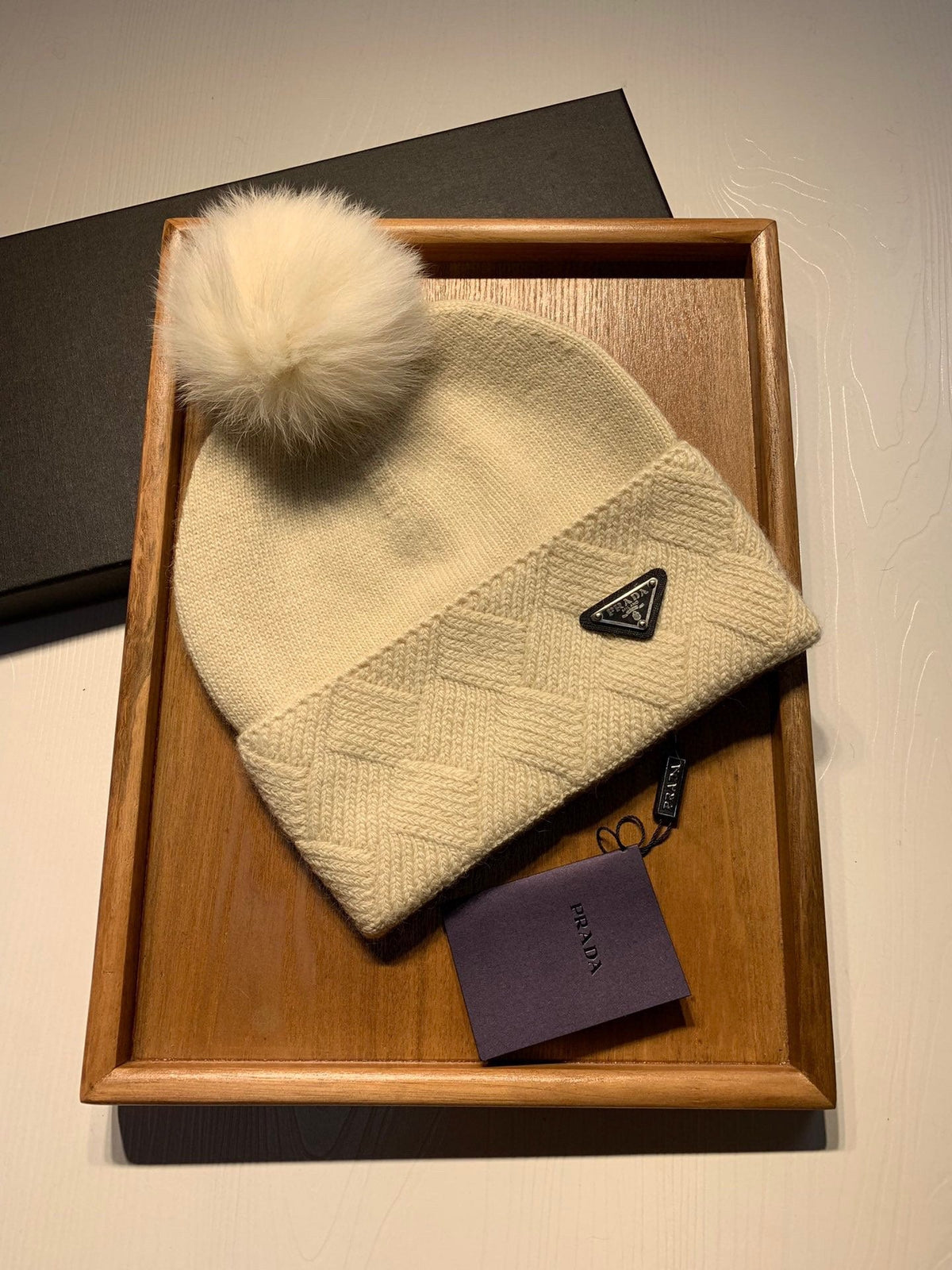 BEANIE HAT IN BISQUE BEIGE WOOL AND RABBIT FUR 361433