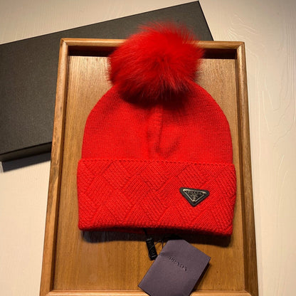 BEANIE HAT IN CHERRY RED WOOL AND RABBIT FUR 361436