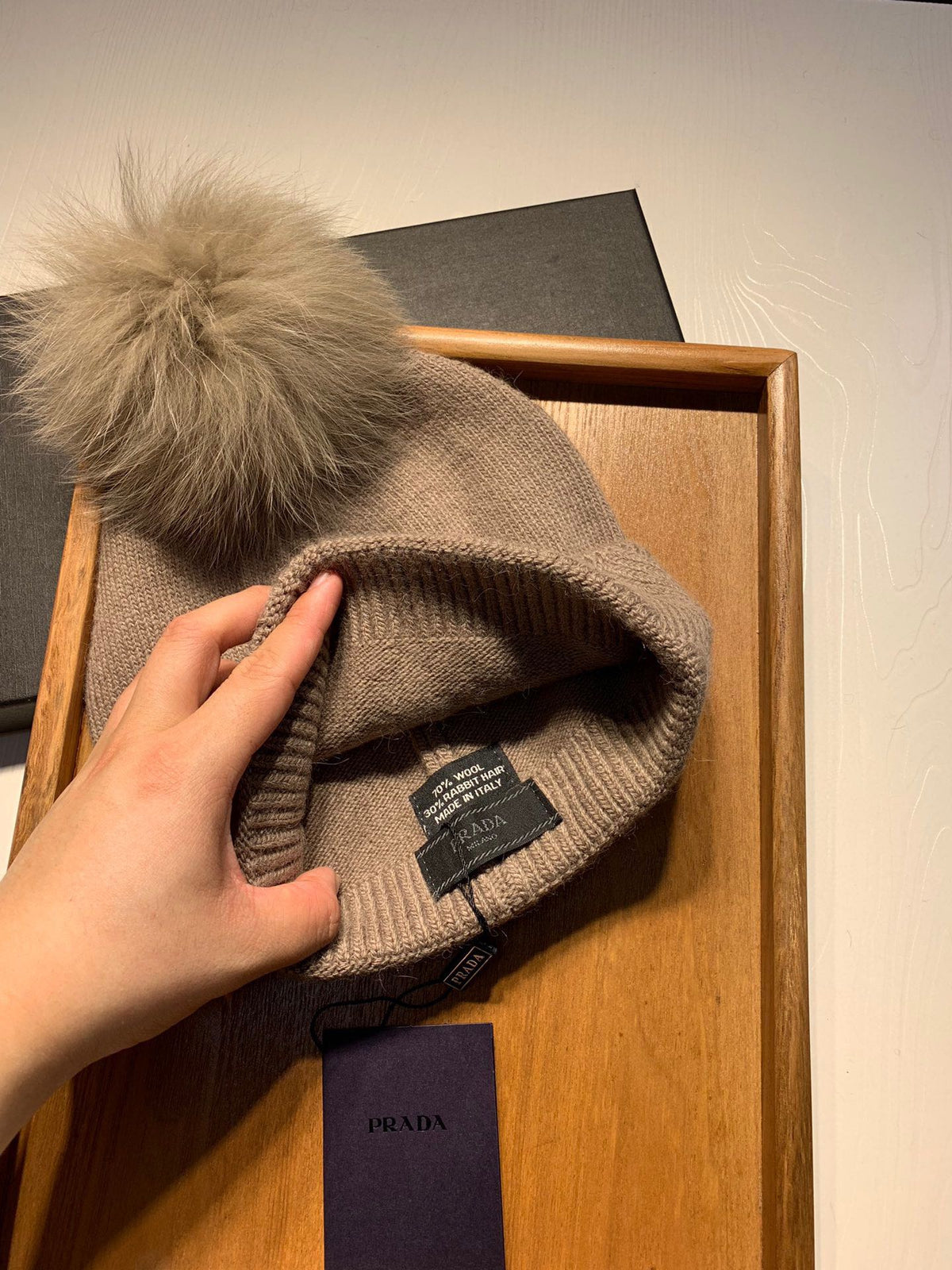 BEANIE HAT IN CAMEL BROWN WOOL AND RABBIT FUR 361437