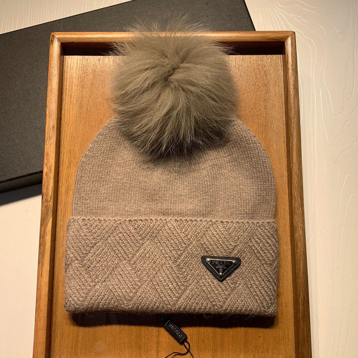 BEANIE HAT IN CAMEL BROWN WOOL AND RABBIT FUR 361437