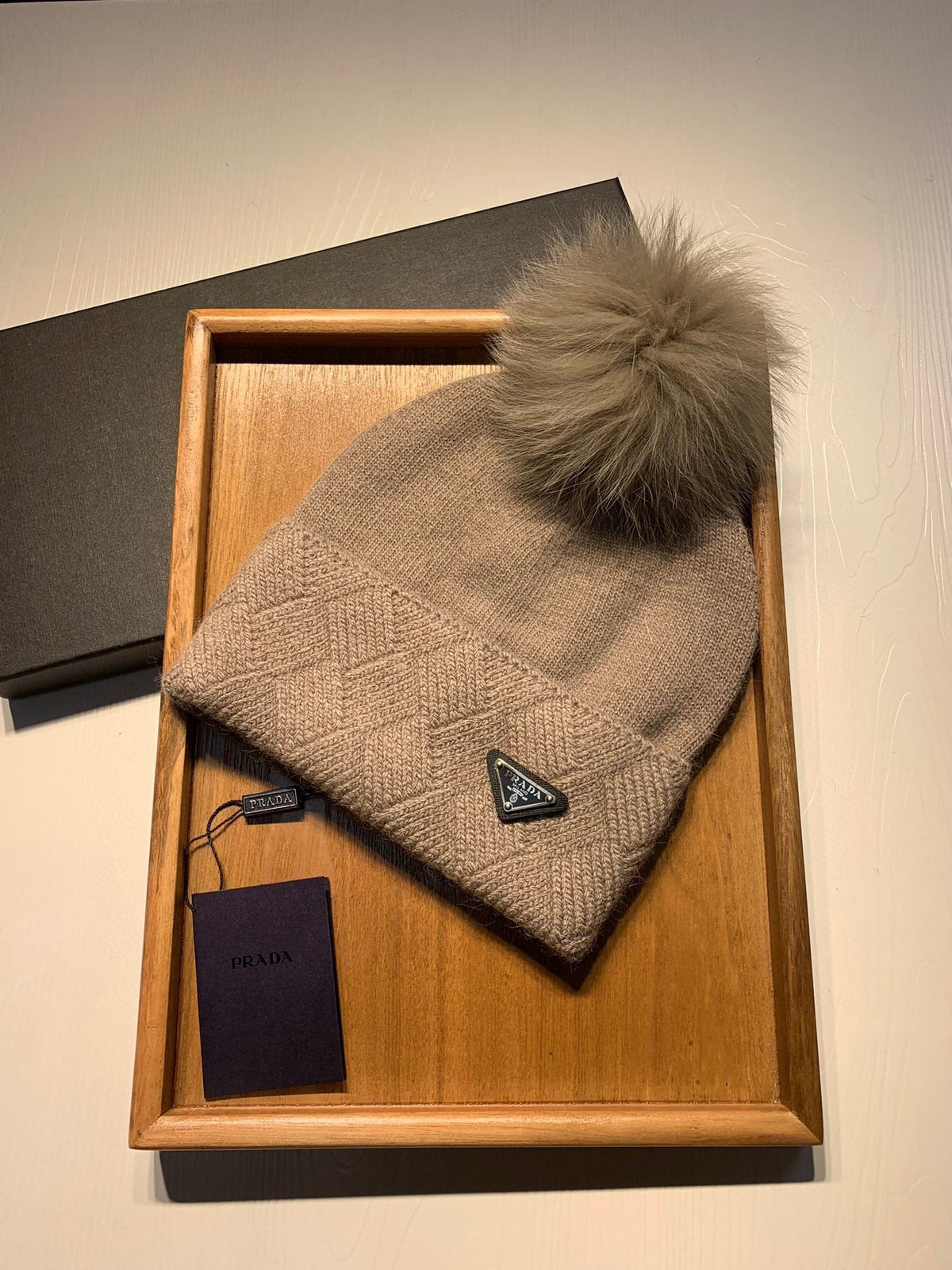 BEANIE HAT IN CAMEL BROWN WOOL AND RABBIT FUR 361437