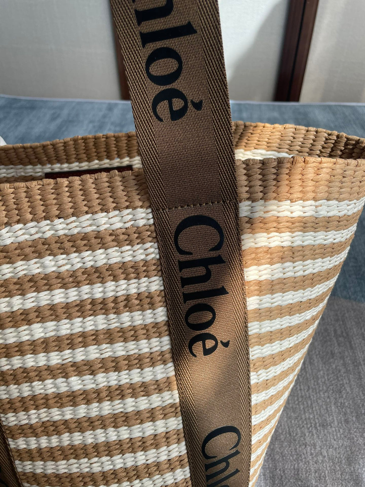 LAGRE WOODY TOTE BAG 48 IN BROWN AND WHITE FIBERS BROWN WEBBING BLACK CALFSKIN