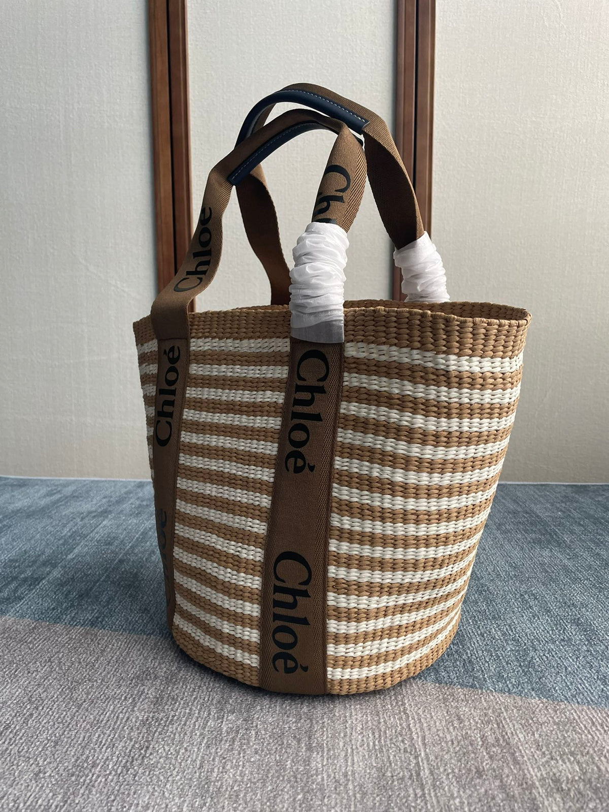 LAGRE WOODY TOTE BAG 48 IN BROWN AND WHITE FIBERS BROWN WEBBING BLACK CALFSKIN