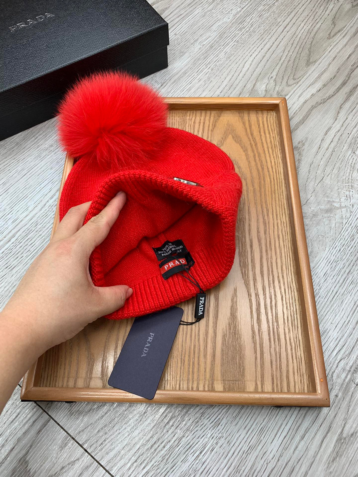 BEANIE HAT IN CHERRY RED WOOL AND RABBIT FUR 346718