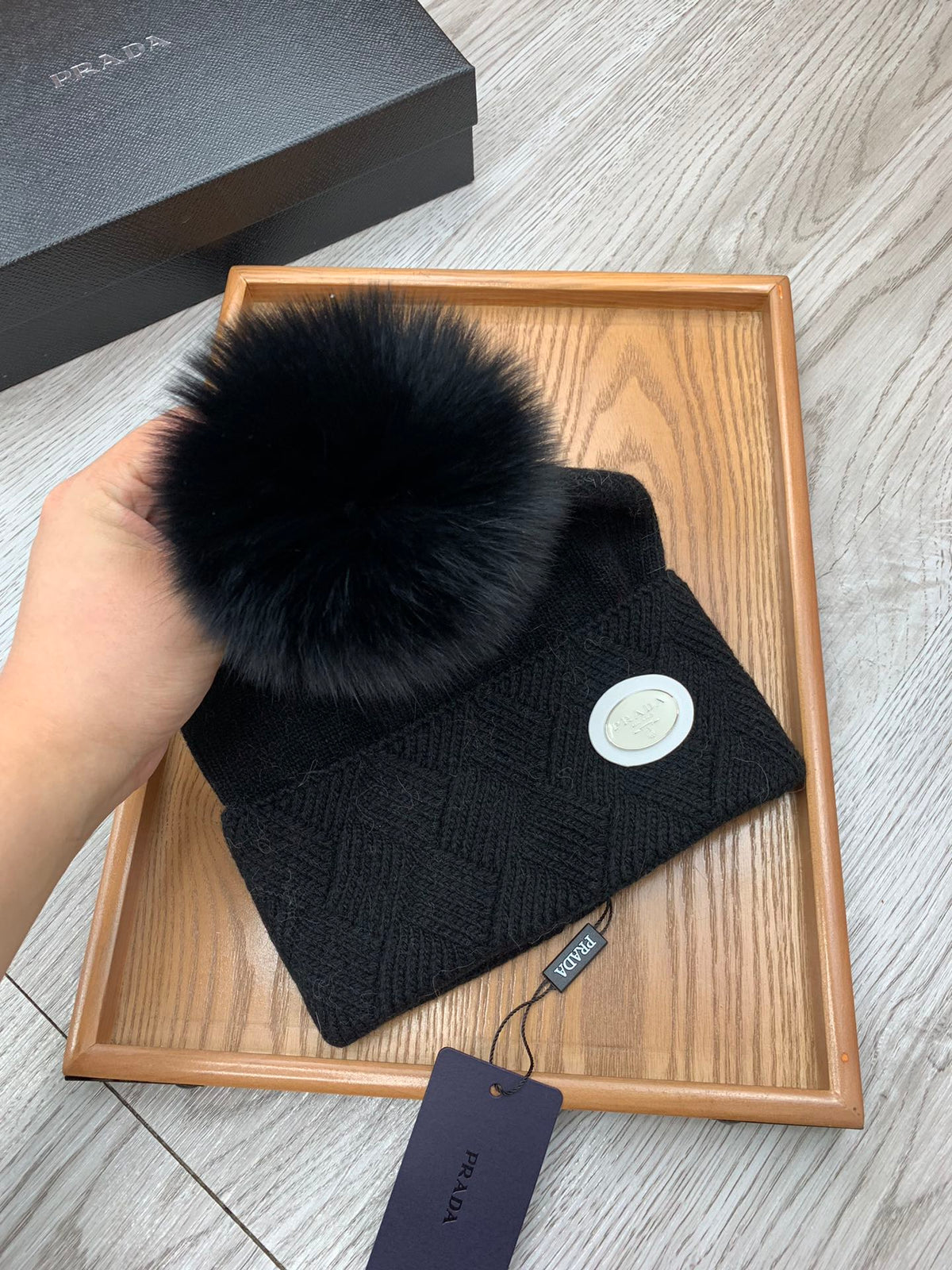 BEANIE HAT IN BLACK WOOL AND RABBIT FUR 346717