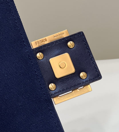 BAGUETTE WITH FF MOTIF 27 IN NAVY BLUE JACQUARD FABRIC GOLD HARDWARE