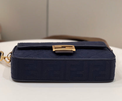 BAGUETTE WITH FF MOTIF 27 IN NAVY BLUE JACQUARD FABRIC GOLD HARDWARE