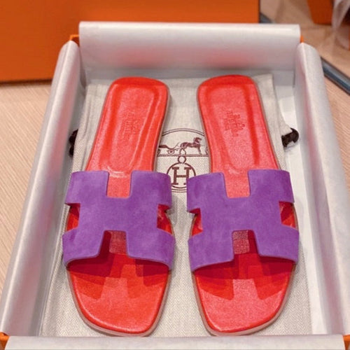 0RAN SANDALS IN VIOLET PURPLE SUEDE AND CHERRY RED CALFSKIN