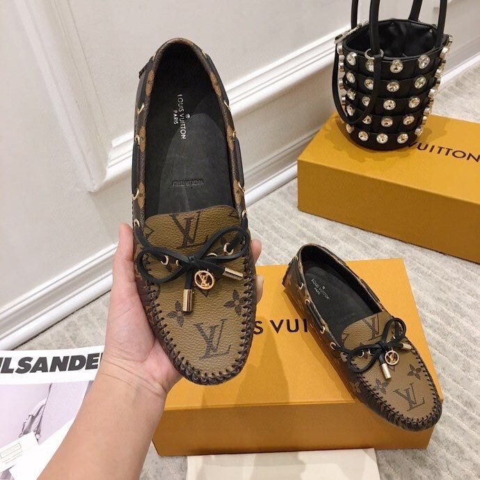 LV WOMEN'S DRIVER MOCCASIN IN CAMEL BROWN MONOGRAM CALFSKIN