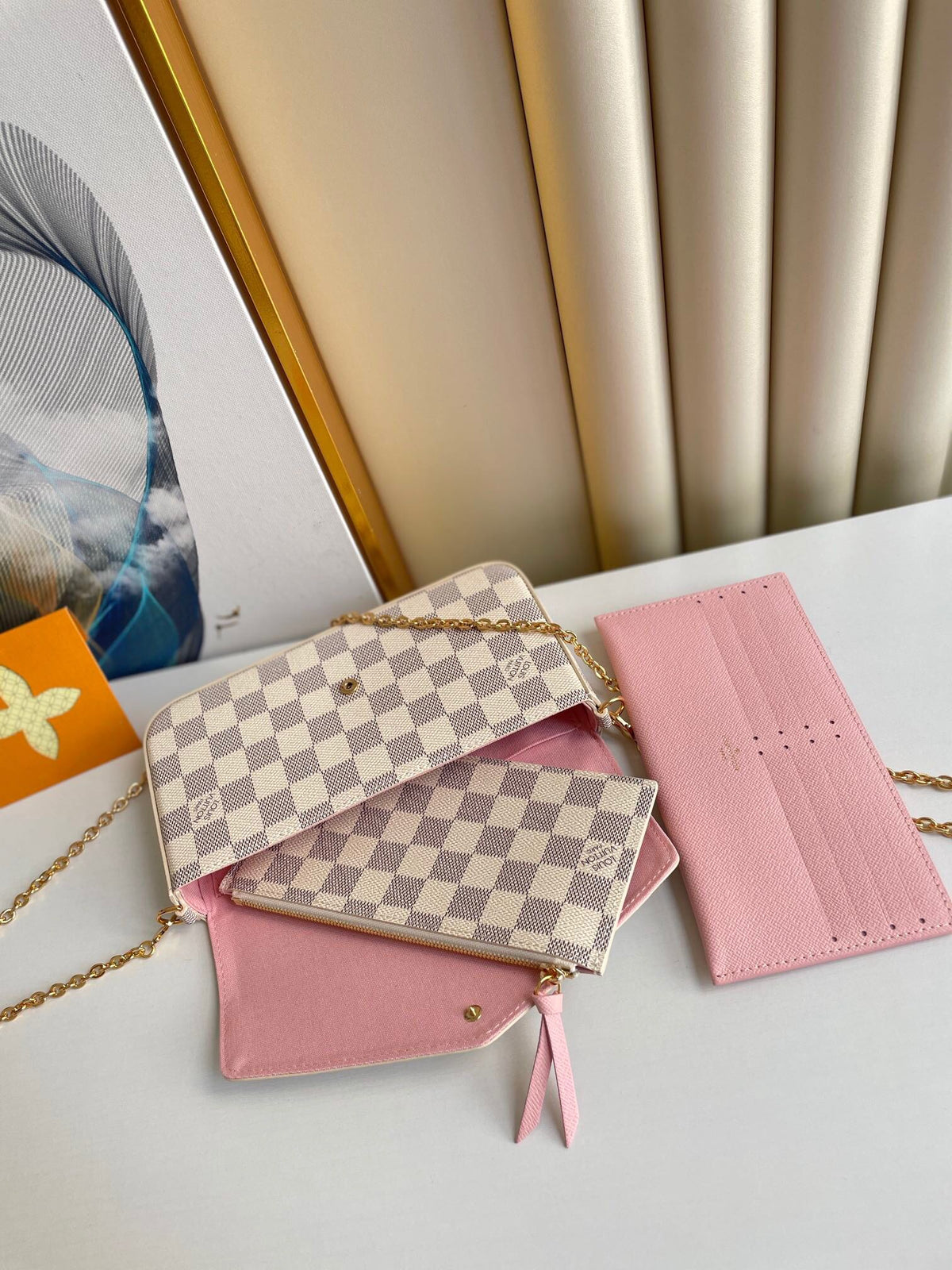 FÉLICIE POCHETTE 21 IN BLUE BEIGE DAMIER AZUR CANVAS GOLD HARDWARE