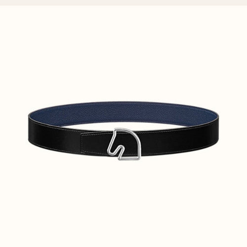 BOUCLE BELT BUCKLE & REVERSIBLE NAVY BLUE AND BLACK AND WHITE LEATHER STRAP 38MM SILVER HARDWARE