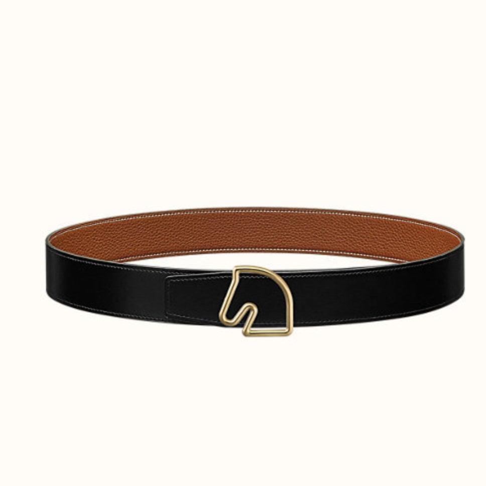 BOUCLE BELT BUCKLE & REVERSIBLE GINGER ORANGE AND BLACK LEATHER STRAP 38MM GOLD HARDWARE