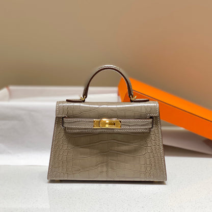 HN MINI KELLY IN MOCHA BROWN CROCODILE SKIN GOLD HARDWARE