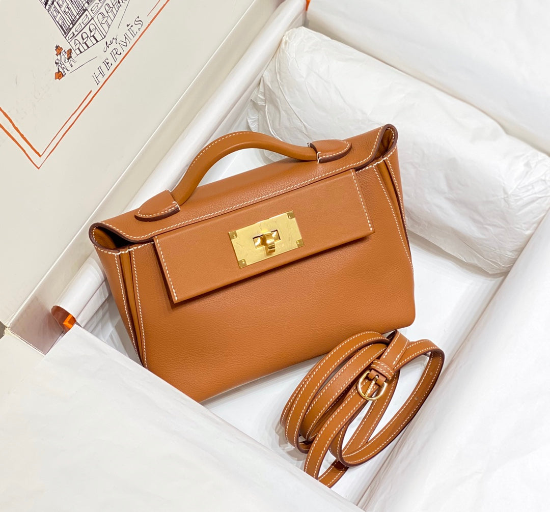 MINI 24/24 21CM IN ORANGE MINIMUM EVERCOLOR CALFSKIN GOLD KELLY BUCKLE