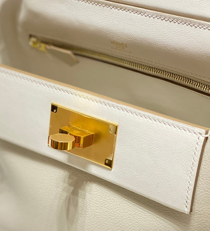 MINI 24/24 21CM IN OFF WHITE EVERCOLOR CALFSKIN GOLD KELLY BUCKLE
