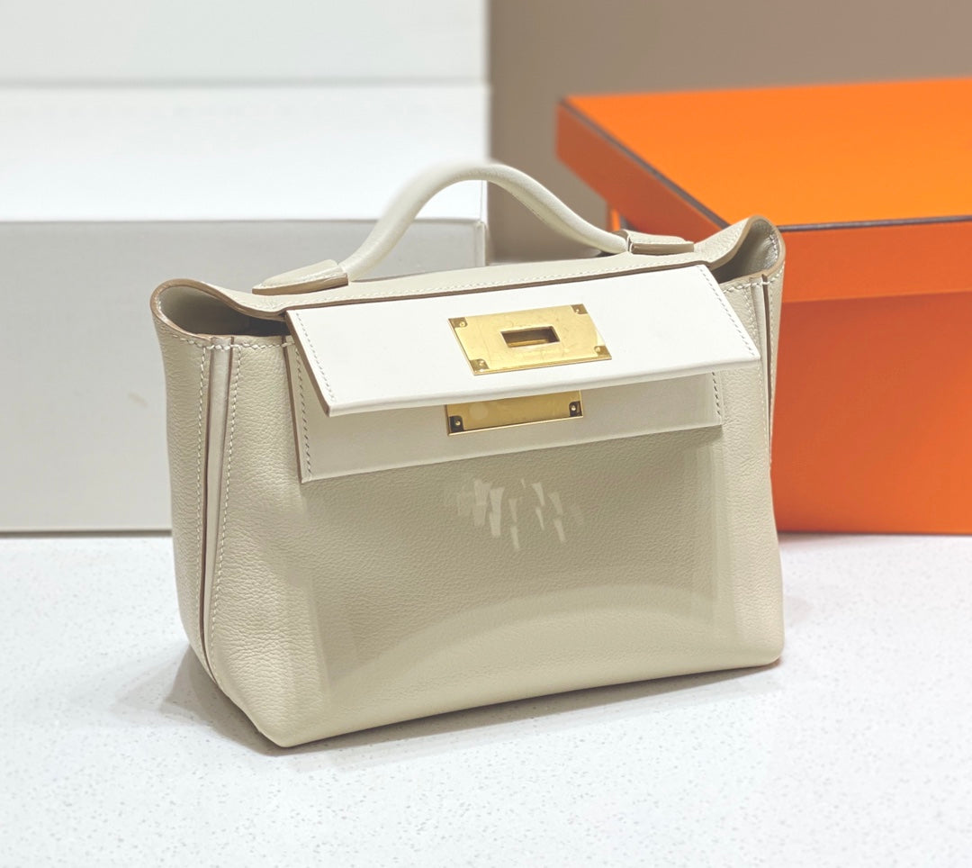 MINI 24/24 21CM IN OFF WHITE EVERCOLOR CALFSKIN GOLD KELLY BUCKLE
