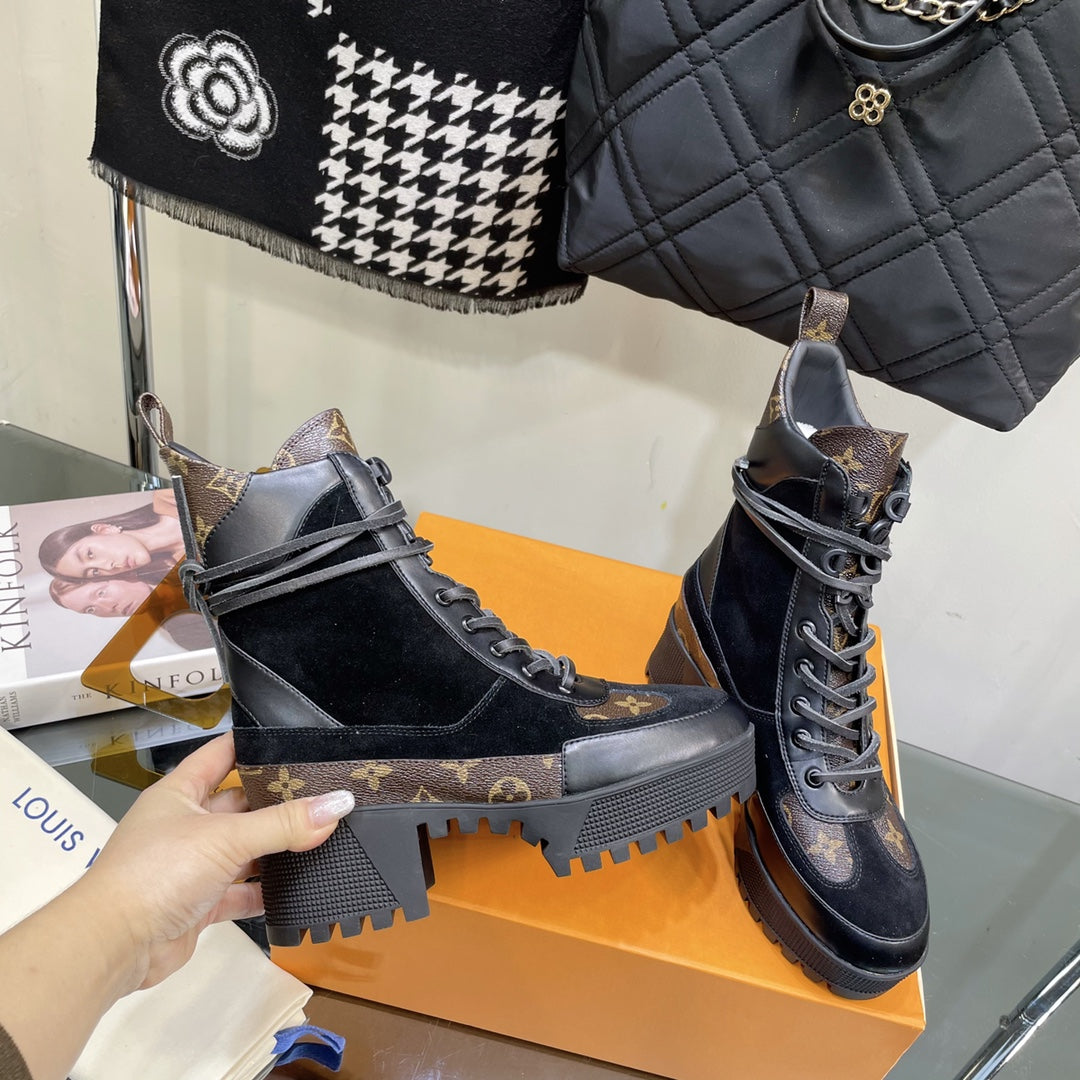 LAUREATE PLATFORM BOOTS IN BLACK SUEDE AND CHOCOLATE BROWN CALFSKIN