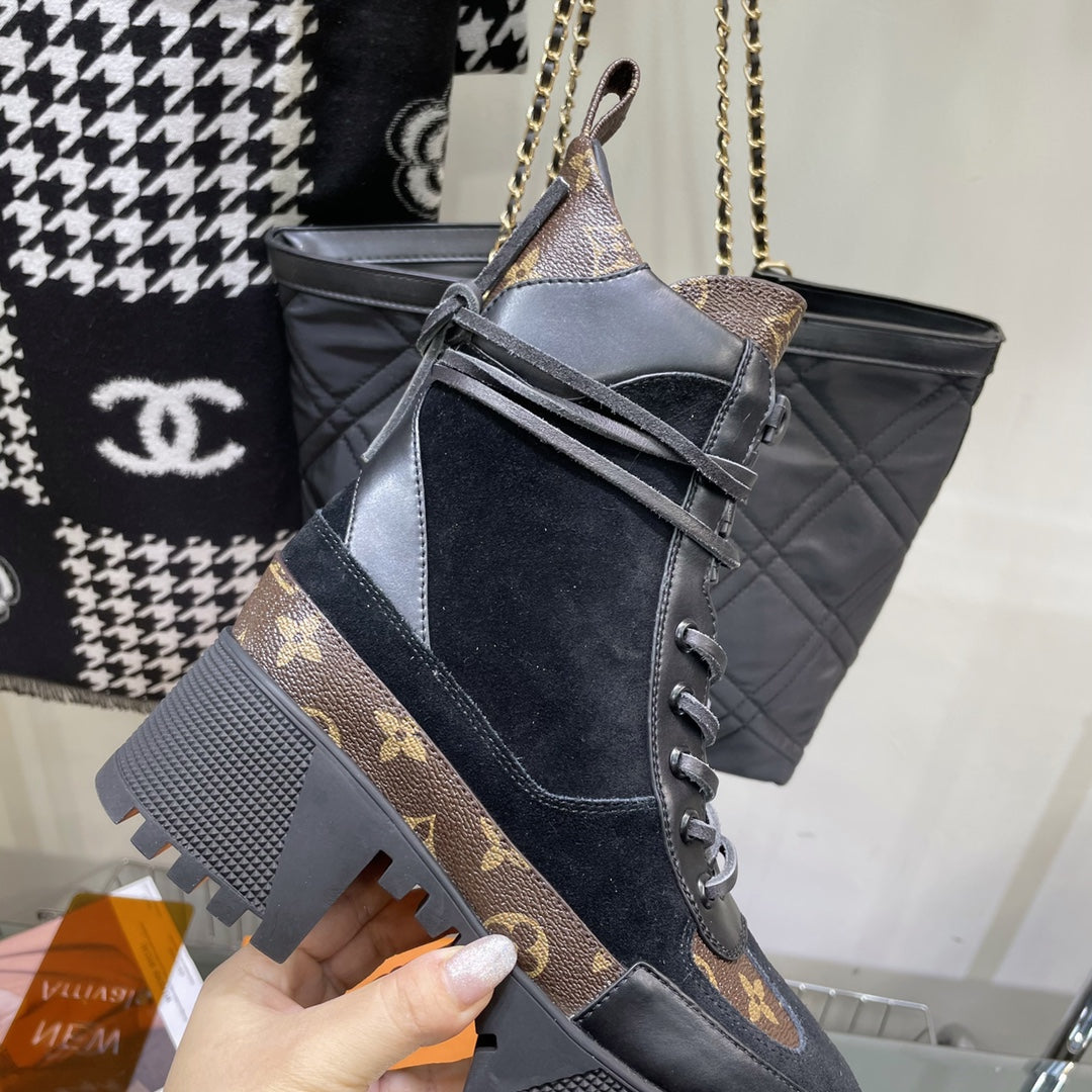 LAUREATE PLATFORM BOOTS IN BLACK SUEDE AND CHOCOLATE BROWN CALFSKIN
