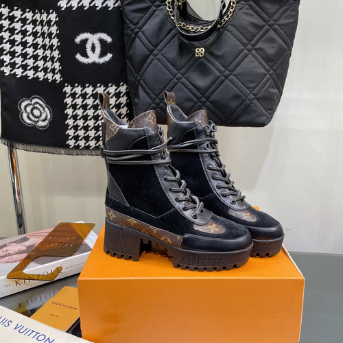 LAUREATE PLATFORM BOOTS IN BLACK SUEDE AND CHOCOLATE BROWN CALFSKIN