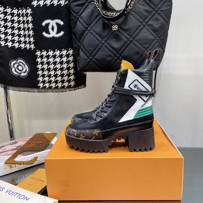 LAUREATE PLATFORM BOOTS IN COLORFUL SUEDE AND MONOGRAM CALFSKIN