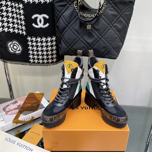 LAUREATE PLATFORM BOOTS IN COLORFUL SUEDE AND MONOGRAM CALFSKIN