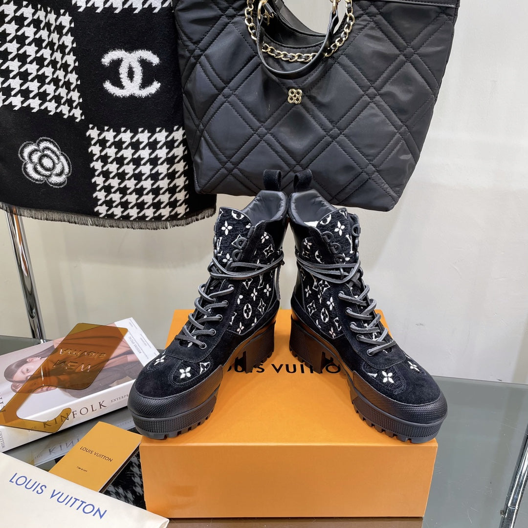 LAUREATE PLATFORM BOOTS IN BLACK MIX WHITE SUEDE AND MONOGRAM JACQUARD PATTERN
