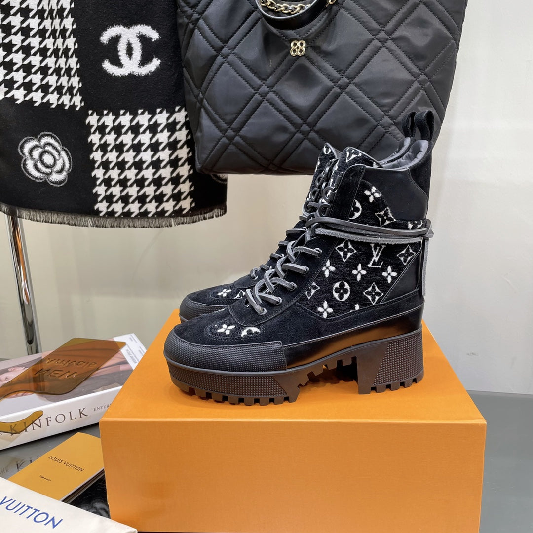 LAUREATE PLATFORM BOOTS IN BLACK MIX WHITE SUEDE AND MONOGRAM JACQUARD PATTERN