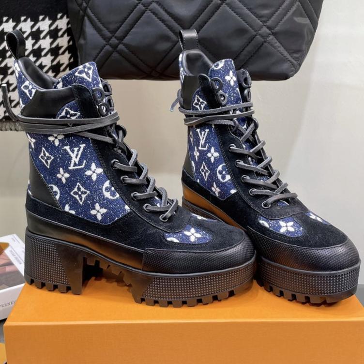 LAUREATE PLATFORM BOOTS IN BLACK SUEDE AND NAVY BLUE MONOGRAM JACQUARD PATTERN