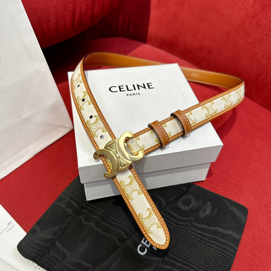 BELT 25MM IN WHITE AND BROWN CALFSKIN WITH LOGO PRINT AND GOLD BUCKLE
