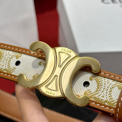 BELT 25MM IN WHITE AND BROWN CALFSKIN WITH LOGO PRINT AND GOLD BUCKLE