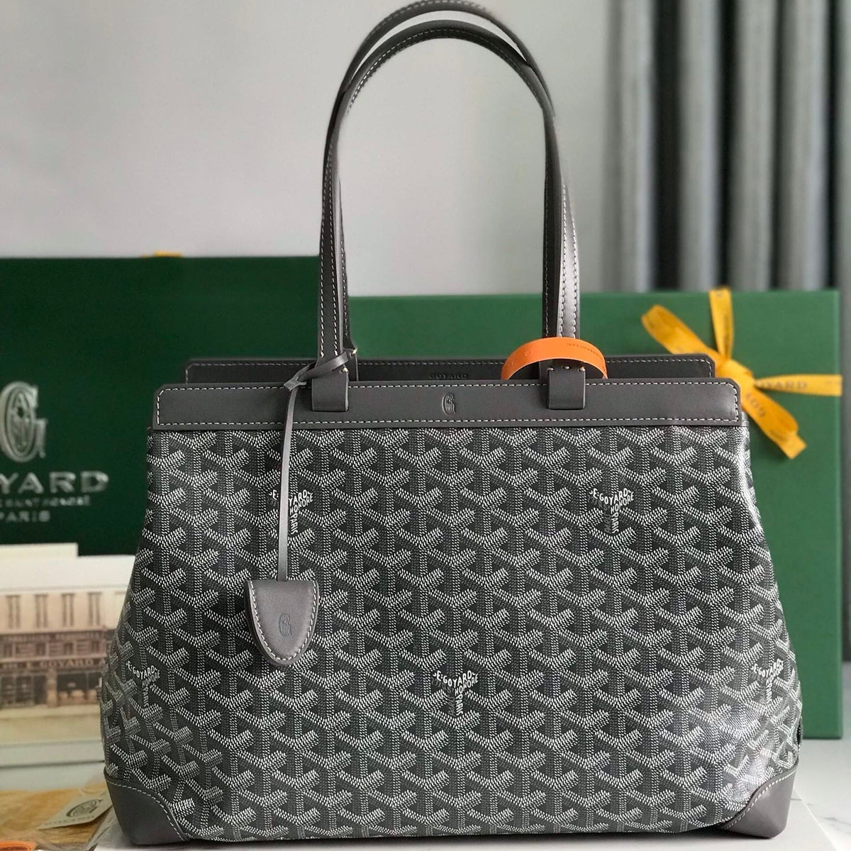 BELLECHASSE BIAUDE PM BAG 36 IN GRAY GOYARDINE CANVAS AND CALFSKIN TRIM