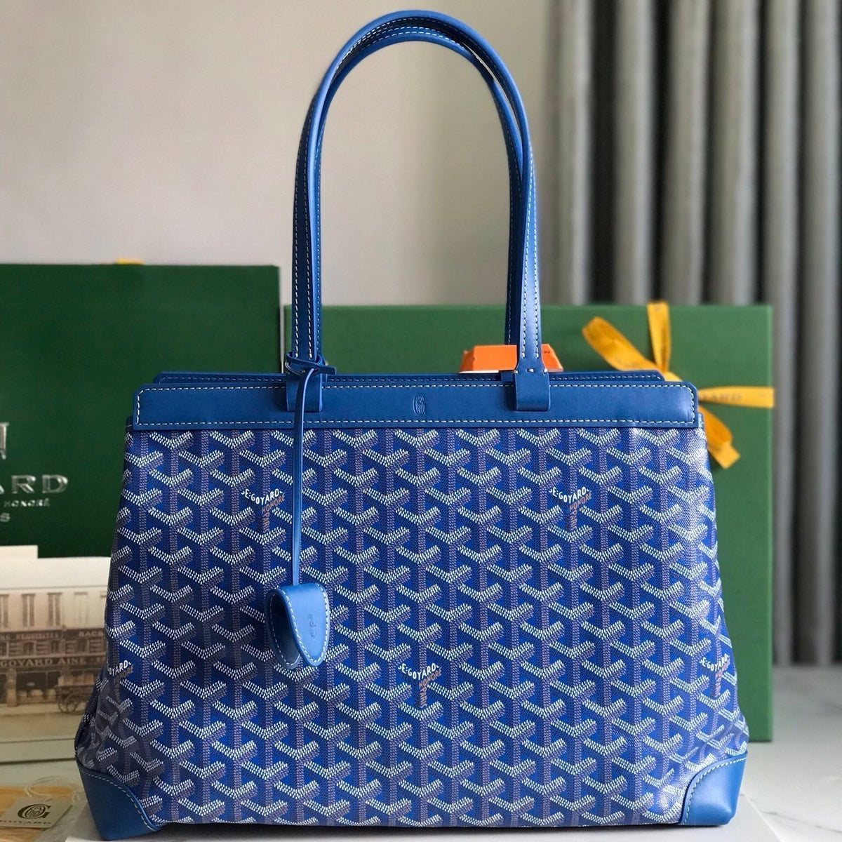 BELLECHASSE BIAUDE PM BAG 36 IN BLUE GOYARDINE CANVAS AND CALFSKIN TRIM