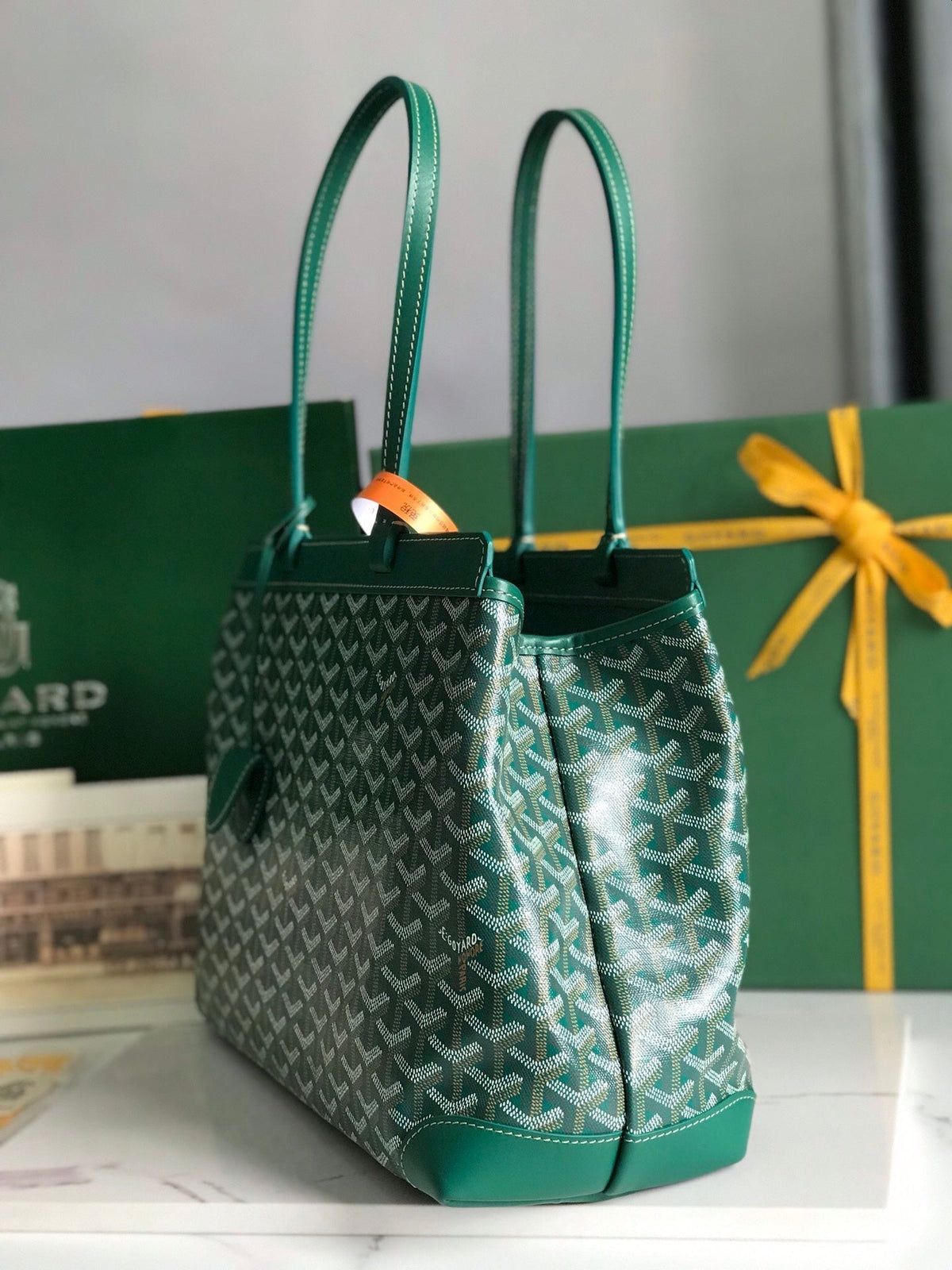 BELLECHASSE BIAUDE PM BAG 36 IN GREEN GOYARDINE CANVAS AND CALFSKIN TRIM