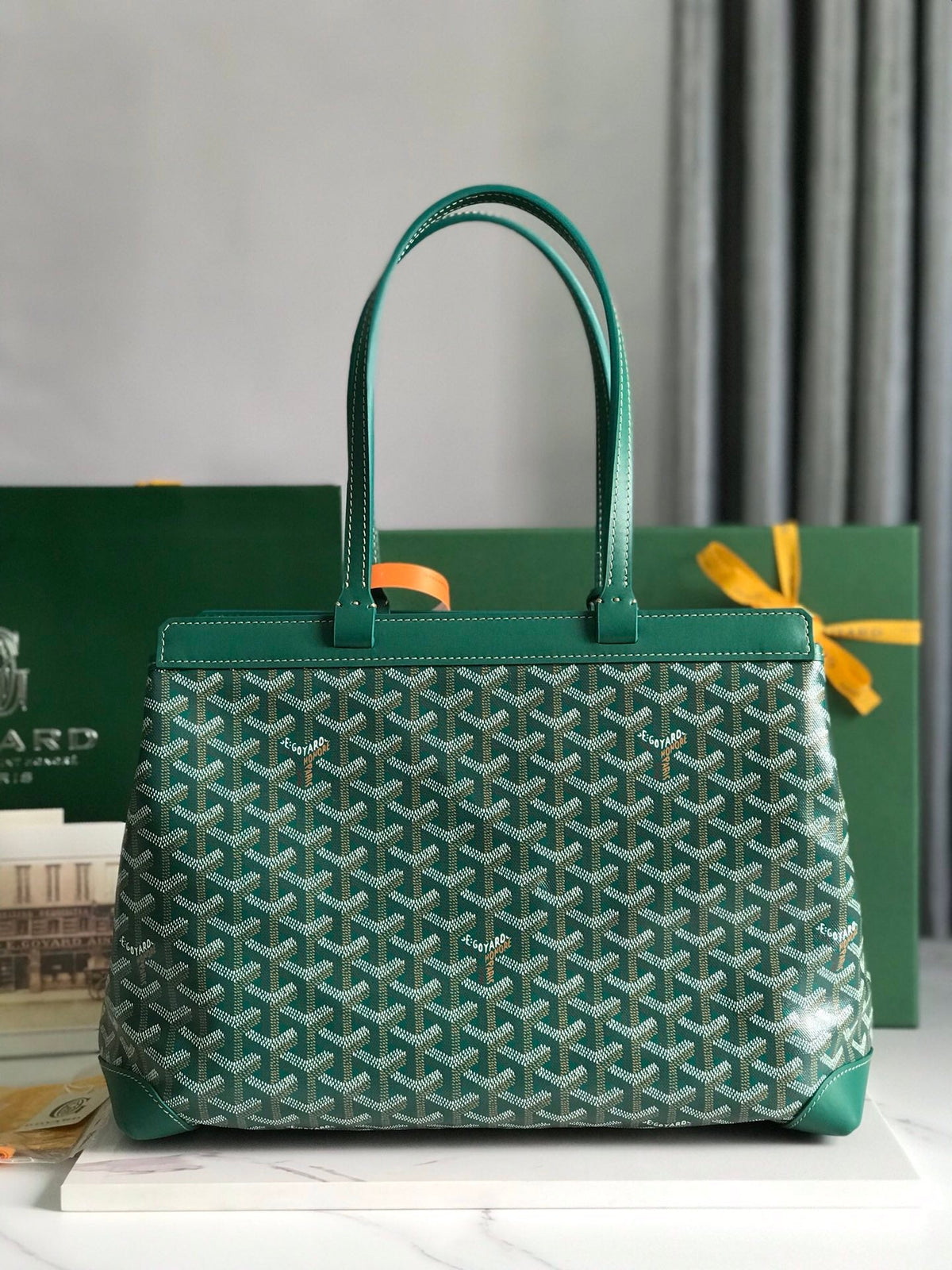 BELLECHASSE BIAUDE PM BAG 36 IN GREEN GOYARDINE CANVAS AND CALFSKIN TRIM