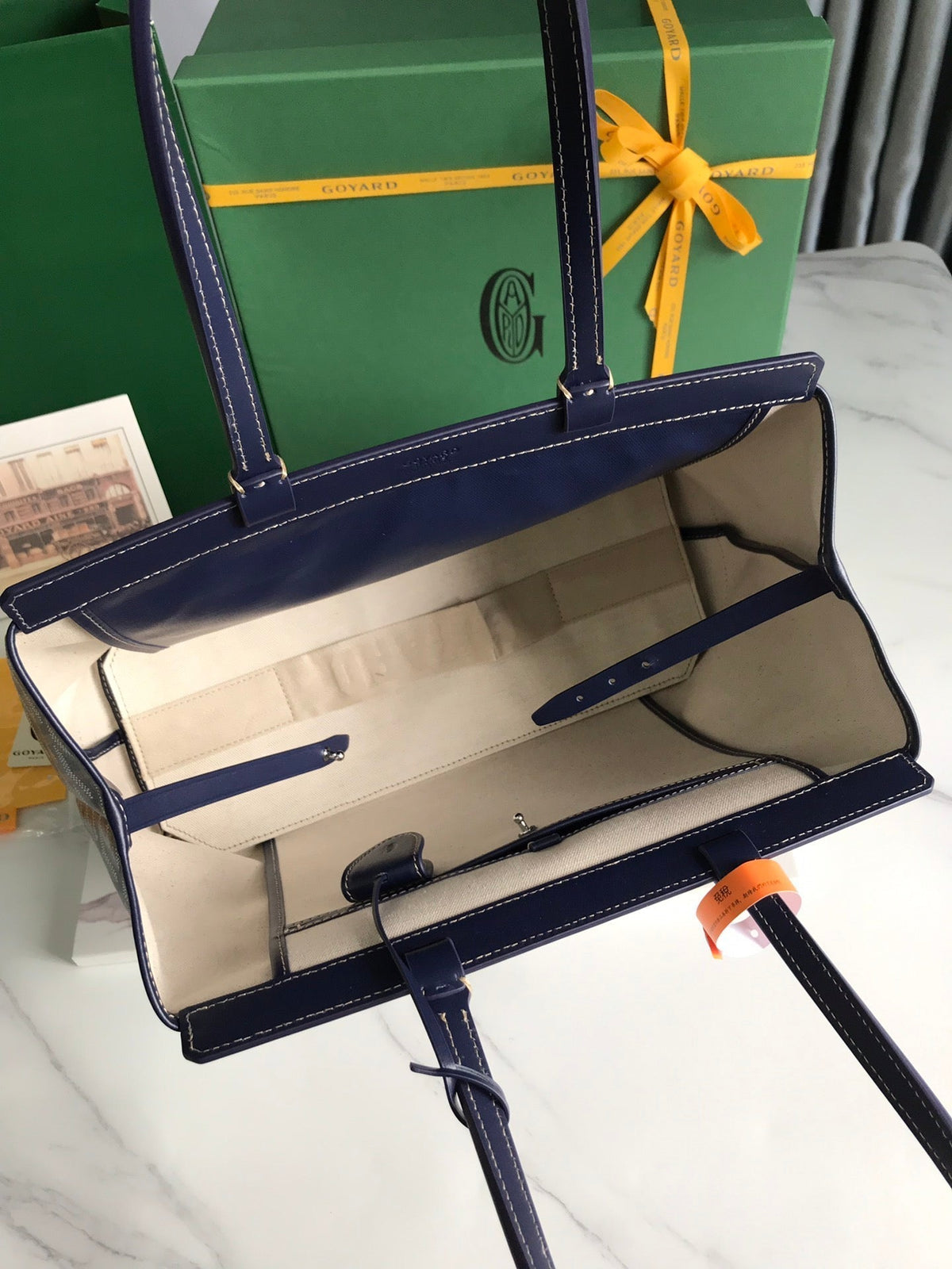 BELLECHASSE BIAUDE PM BAG 36 IN NAVY BLUE GOYARDINE CANVAS AND CALFSKIN TRIM