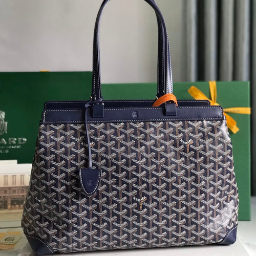 BELLECHASSE BIAUDE PM BAG 36 IN NAVY BLUE GOYARDINE CANVAS AND CALFSKIN TRIM