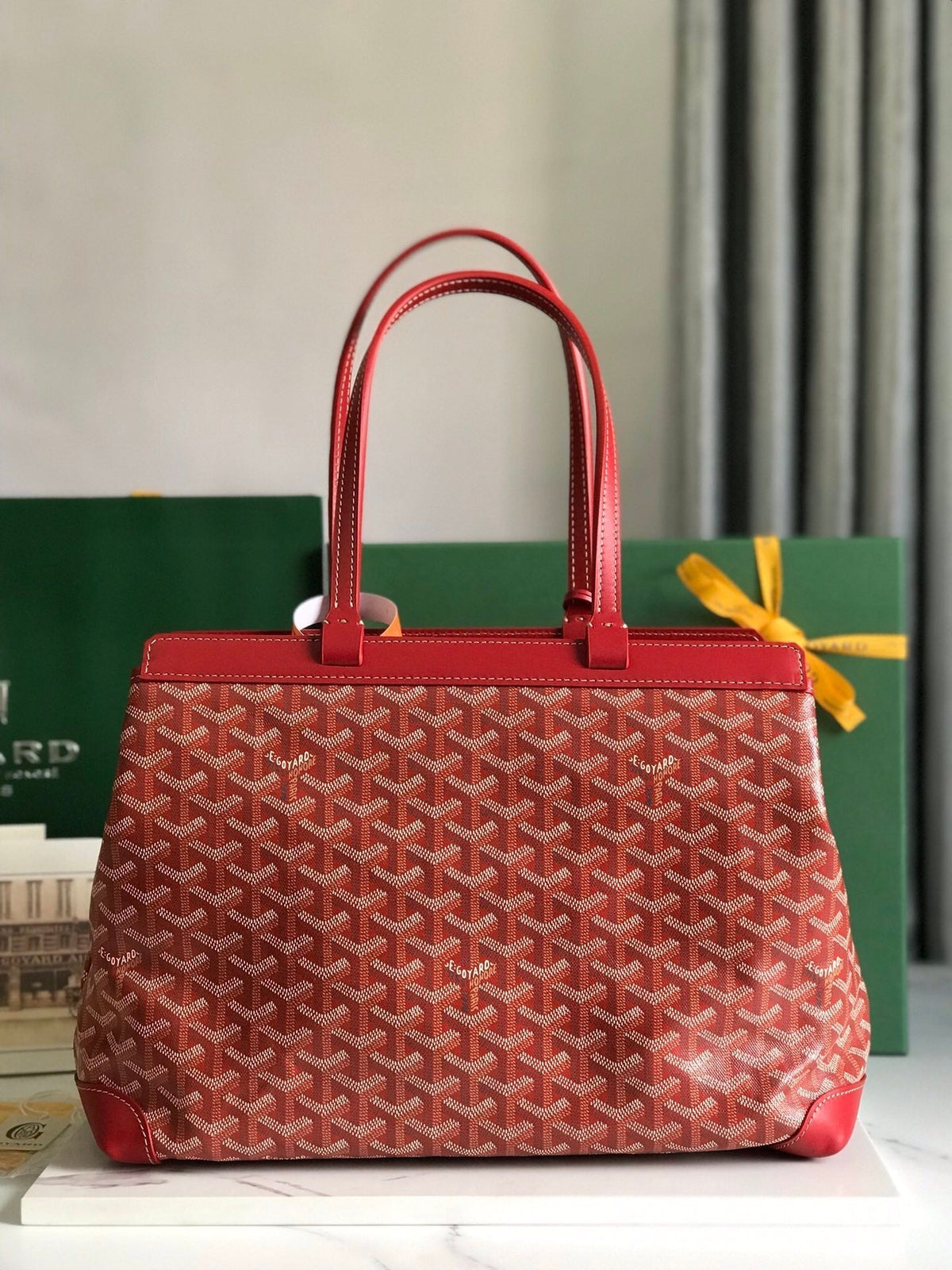 BELLECHASSE BIAUDE PM BAG 36 IN CLASSIC RED GOYARDINE CANVAS AND CALFSKIN TRIM