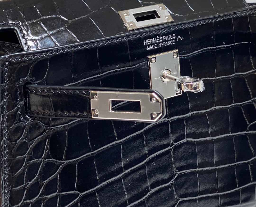 HN MINI KELLY IN BLACK CROCODILE SKIN SILVER HARDWARE