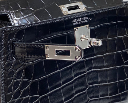 HN MINI KELLY IN BLACK CROCODILE SKIN SILVER HARDWARE