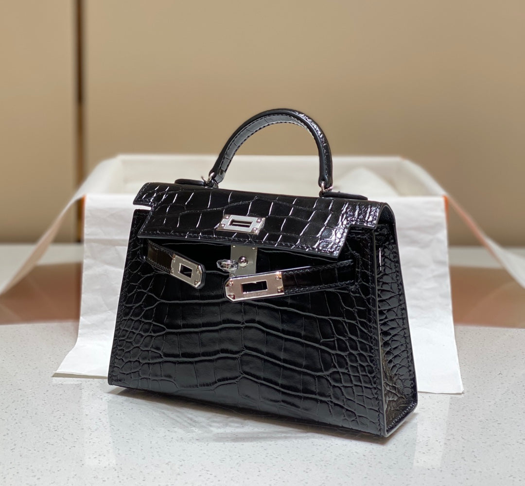 HN MINI KELLY IN BLACK CROCODILE SKIN SILVER HARDWARE