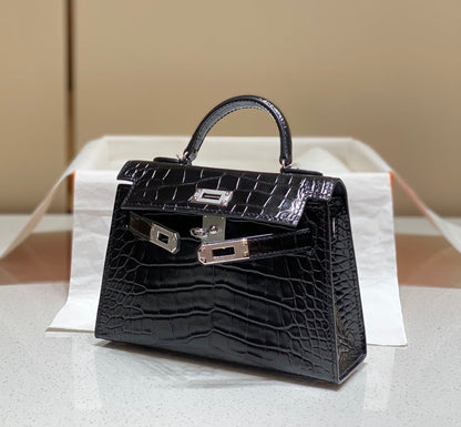 HN MINI KELLY IN BLACK CROCODILE SKIN SILVER HARDWARE