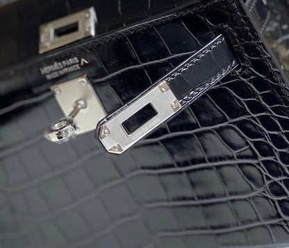 HN MINI KELLY IN BLACK CROCODILE SKIN SILVER HARDWARE