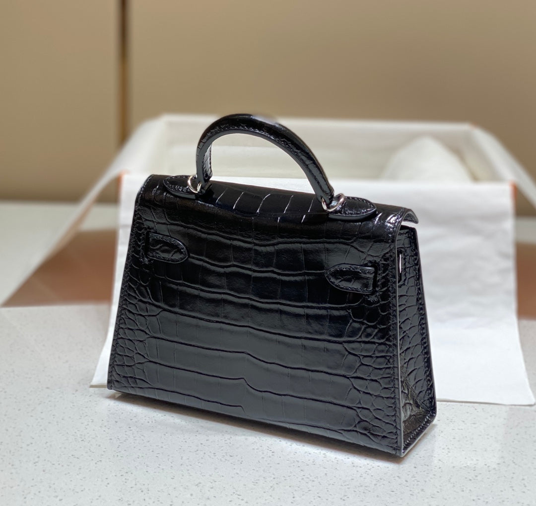 HN MINI KELLY IN BLACK CROCODILE SKIN SILVER HARDWARE