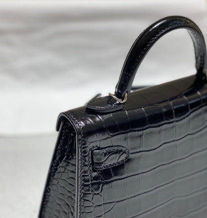 HN MINI KELLY IN BLACK CROCODILE SKIN SILVER HARDWARE