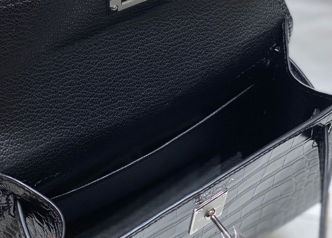 HN MINI KELLY IN BLACK CROCODILE SKIN SILVER HARDWARE