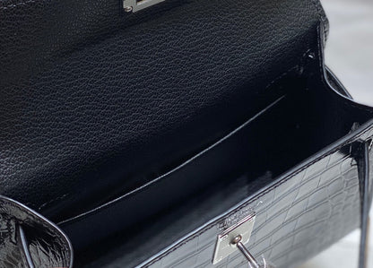 HN MINI KELLY IN BLACK CROCODILE SKIN SILVER HARDWARE