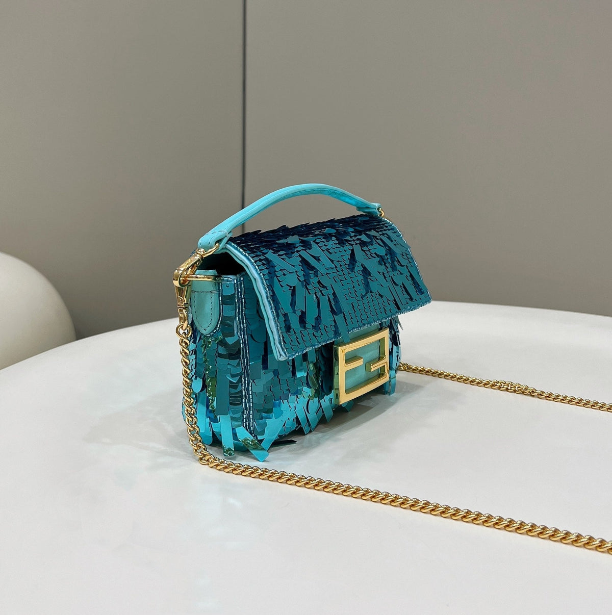 BAGUETTE MINI 19 IN BRIGHT TURQUOISE SEQUINS GOLD HARDWARE