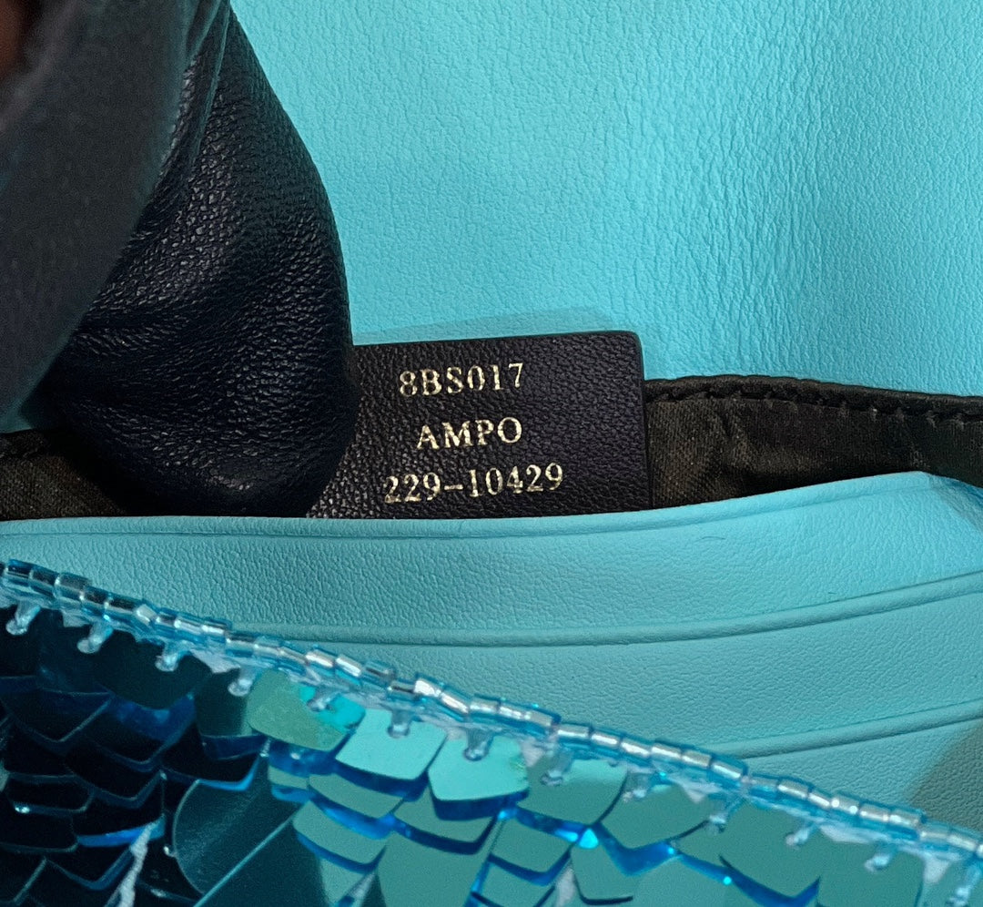 BAGUETTE MINI 19 IN BRIGHT TURQUOISE SEQUINS GOLD HARDWARE