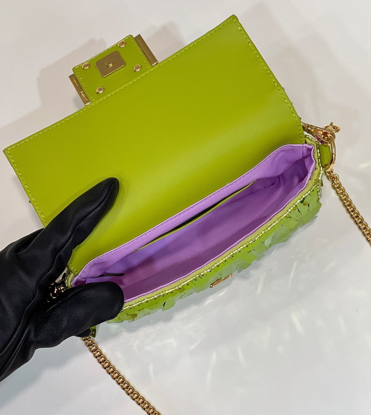 BAGUETTE MINI 19 IN LIMERICK GREEN SEQUINS GOLD HARDWARE